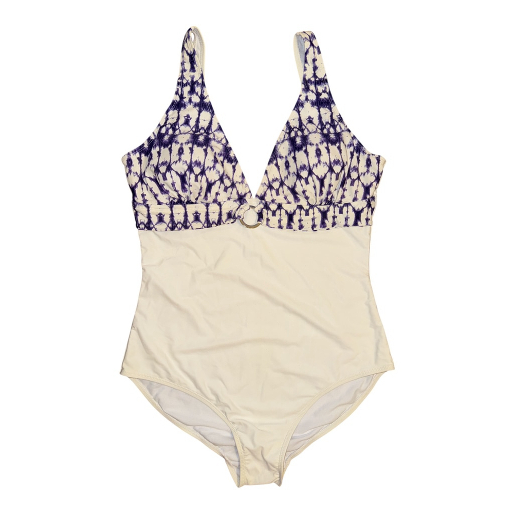Women's One-Piece Swimsuit, Tie-Dye Navy and White Pattern, Size 14